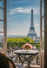 View of the Eiffel Tower from a Parisian balcony with a blooming flower arrangement during a sunny afternoon