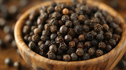 Black Peppercorns: A close-up of whole black peppercorns, glistening with natural oils, piled high in a wooden bowl on a kitchen counter.