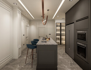 3D Rendering interior of the kitchen was designed as a combination of classic modern and glamour styles. Grey decorative fronts of cabinets harmonize with black marble.