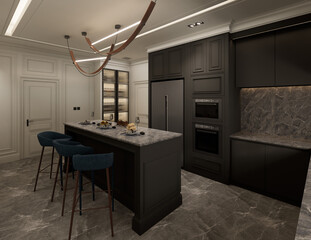 3D Rendering interior of the kitchen was designed as a combination of classic modern and glamour styles. Grey decorative fronts of cabinets harmonize with black marble.