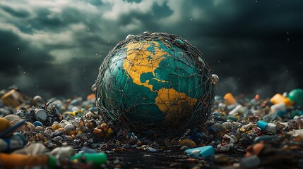 Planet in Peril: Earth Overshoot Day - Global Illustration of Environmental Crisis with Pollution Netted Globe