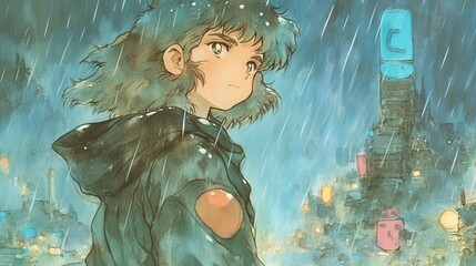 City Pop Dreamscape, vibrant 1980 anime illustration featuring a young woman in the rain, gazing at neon signs, with bold outlines, solid colors, and a cool synthwave palette.