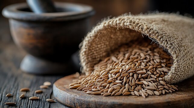 2024091916Cumin Seeds: A handful of light brown cumin seeds spilling from a burlap sack onto a wooden board, with a mortar and pestle in the background.