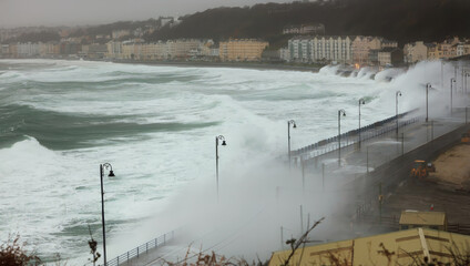 A Super storm lashes the coast at the Promenade of Douglas on the Isle of Man with monster waves rolling in off the turbulent Irish Sea