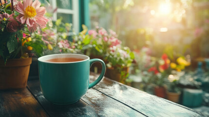 A serene morning scene where a person enjoys a cup of tea, reflecting on their day and nurturing their mental wellbeing