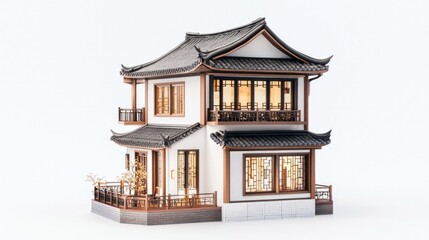Adorable Chinese-style villa, 3D clay art technique, game-inspired architectural render, pristine white backdrop, high vantage point side view, detailed and charming design