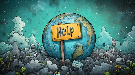 Cartoon Earth Overshoot Day Concept with Humorous "Help" Sign amidst Pollution Crisis