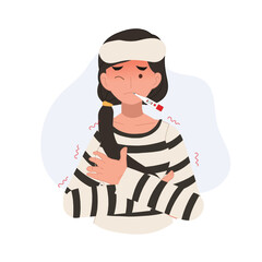 A woman experiencing high fever and chills is using a thermometer to check her temperature.