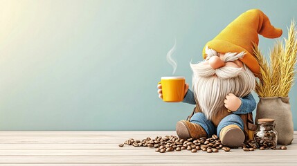 A cheerful garden gnome with an orange hat sits on a wooden floor, holding a steaming coffee cup, surrounded by coffee beans, wheat, and a jar of beans.