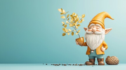 A cute garden gnome with an orange hat stands smiling while holding a potted plant, surrounded by scattered coffee beans in a minimalist setting with a light blue background.