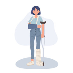 Severe Injury Treatment with Medical Brace for Leg and Arm. Orthopedic Support for Injured Woman