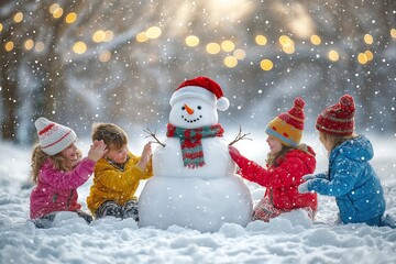 Children joyfully building a cheerful snowman in a winter wonderland filled with snow