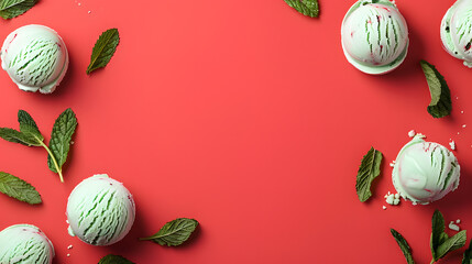 Mint Ice Cream Scoops with Fresh Leaves on Red Background
