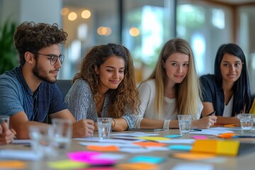 Fototapeta premium Diverse group collaborates on innovative ideas during a vibrant brainstorming session