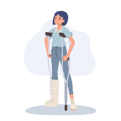 Fototapeta premium female patient with leg injury using crutches for walking support and rehabilitation