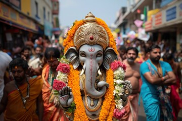 Devotees carry and celebrate a vibrant idol of Lord Ganesha during a festive procession in a bustling street