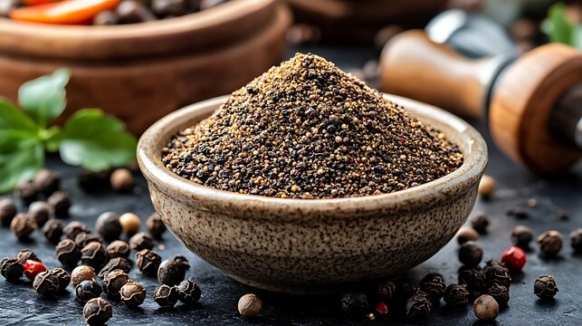 Ground Black Pepper: A pile of freshly ground black pepper in a small ceramic bowl, with a pepper mill and whole peppercorns scattered around.