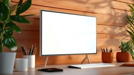 Modern Workspace with Blank Screen and Green Plants