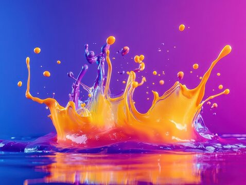 Craft a vibrant, wide-angle composition capturing neon paint splashes in mid-air blending harmoniously to illustrate the boundless power of creativity
