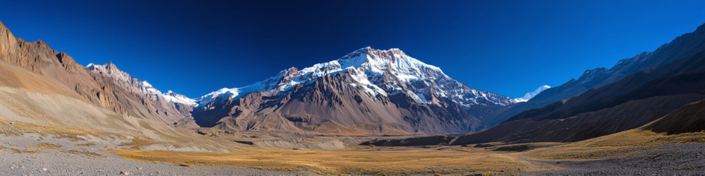 The Greatest Peaks in the World - Panoramic View of Mount Aconcagua with Expansive Arid Valley in Argentina