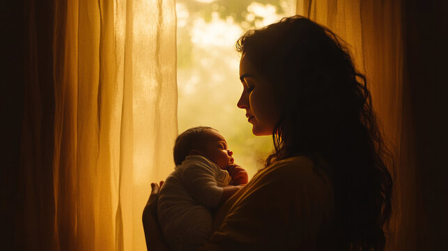 A woman standing in front of a mirror, holding her newborn, but her reflection shows a face burdened by postpartum sadness and uncertainty