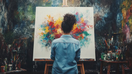 An artist staring at a blank canvas, fear of failure and creative block holding them back from making the first brushstroke