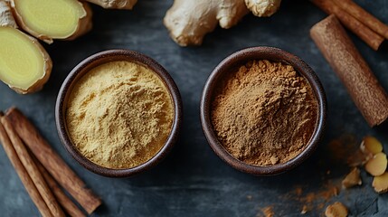 Ground Ginger and Cinnamon: A mix of ground ginger and cinnamon powders in two small bowls, with fresh ginger root and cinnamon sticks placed around them.