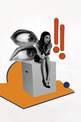 Vertical photo collage of puzzled sad girl sit box pray supervision exclamation mark eyeball beg...