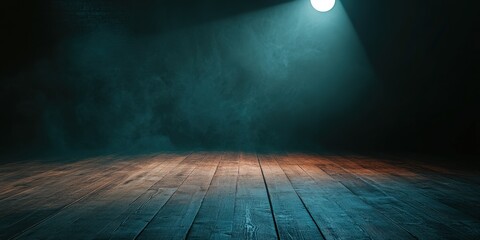 Dramatic Spotlight on Empty Wooden Stage with Fog