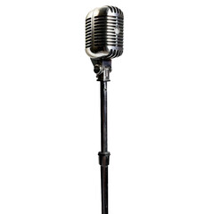 Fototapeta premium Classic vintage microphone is standing on a stage in front of a white background