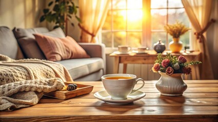 Cozy Home Interior Still Life with Wooden Table, Tea Cup, and Decorative Details