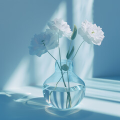 A serene light blue scene featuring clear glass vase filled with water and delicate white flowers. soft shadows create calming atmosphere, perfect for tranquil setting