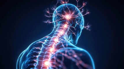 A captivating illustration of the human spine and nervous system, showcasing neural connections glowing with vibrant energy.