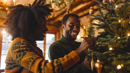 Obraz premium Couple joyfully adorning their home with festive decorations for the holiday season
