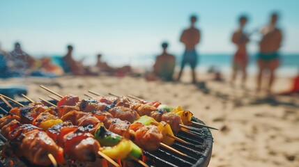 Grilling skewers on a beach barbecue in summer