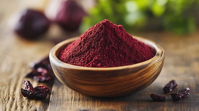 Sumac: A dark red, coarse powder in a wooden bowl, with a few dried sumac berries nearby, evoking a tangy, lemony flavor.