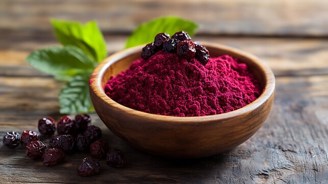 Sumac: A dark red, coarse powder in a wooden bowl, with a few dried sumac berries nearby, evoking a tangy, lemony flavor.