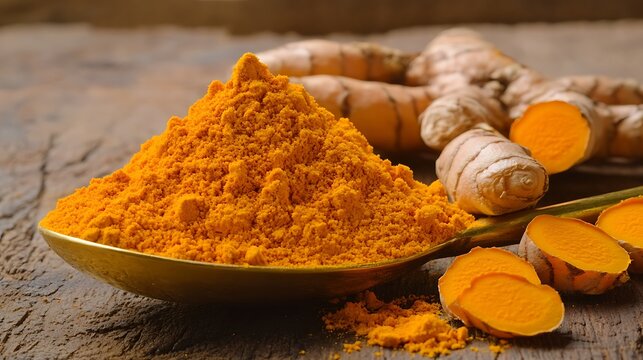 Turmeric Powder: A vibrant yellow mound of turmeric powder spilling from a brass spoon, with fresh turmeric roots lying nearby on a wooden table.