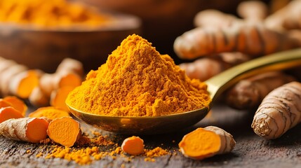 Turmeric Powder: A vibrant yellow mound of turmeric powder spilling from a brass spoon, with fresh turmeric roots lying nearby on a wooden table.