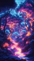 Fototapeta premium Illustrate a captivating scene of a fantastical forest with trees aglow in neon hues, perfectly embodying a dreamy and imaginative journey