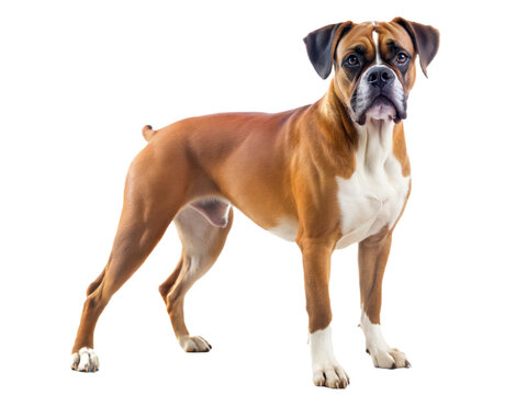 Boxer dog standing and looking at camera, isolated on a white background.