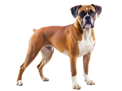 Boxer dog standing and looking at camera, isolated on a white background.
