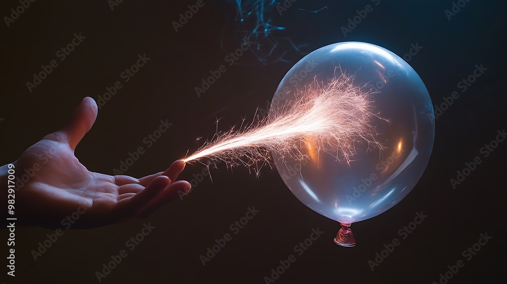 Poster electrifying close-up of static electricity sparks between hand and balloon - high quality image for