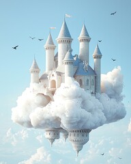 A white fairytale castle floats on fluffy clouds in the sky.