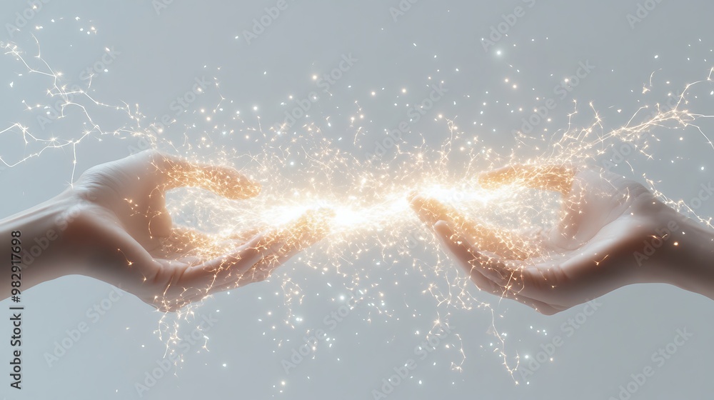 Poster electrifying static energy: glowing sparks between two hands on white background