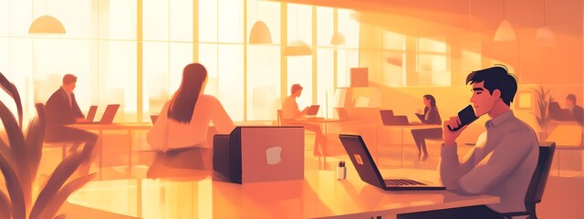 A bustling office scene with people working on laptops and smartphones, depicted in an animated style