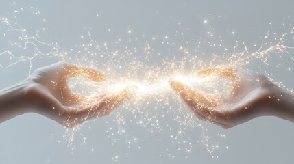 Fototapeta premium Electrifying Static Energy: Glowing Sparks Between Two Hands on White Background