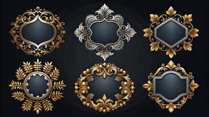 Obraz premium Elegant Golden and Silver Decorative Emblems Collection on Dark Background