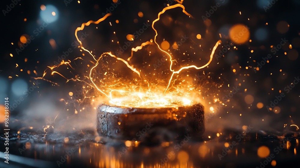 Poster electrically charged metal object sparking with static electricity - high quality image of lightning
