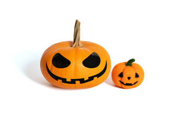 Jack Lantern pumpkin head with a small woolly pumpkin isolated on a white background. Halloween decor.